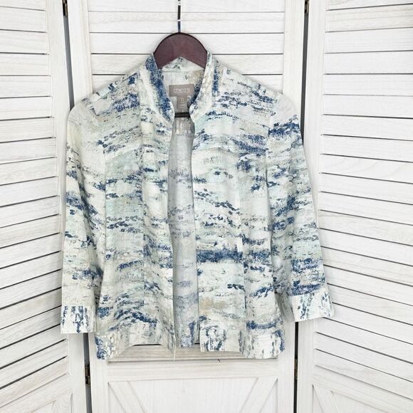 Chico’s Watercolor Linen Blend Open Front Topper Jacket White Blue Small - Picture 9 of 14